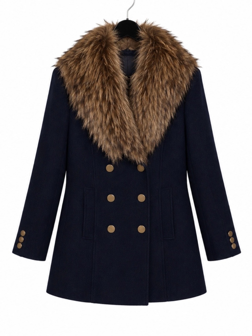 Barney’s New York Double-Breasted Navy Coat with Fur Collar